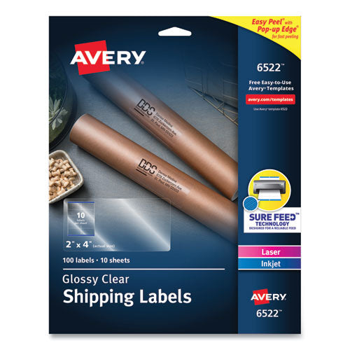 Avery Glossy Clear Easy Peel Mailing Labels w/ Sure Feed Technology, Inkjet/Laser Printers, 2 x 4, Clear, 10/Sheet, 10 Sheets/Pack