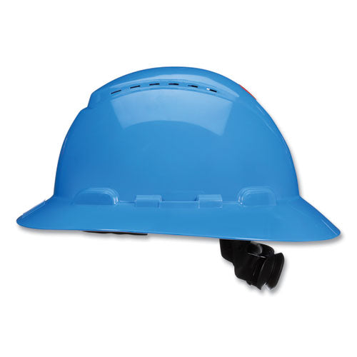 3M SecureFit H-800 Series Hard Hat with UVicator, Vented, Full Brim, 4-Point Pressure Diffusion, One Size Fits Most, Blue