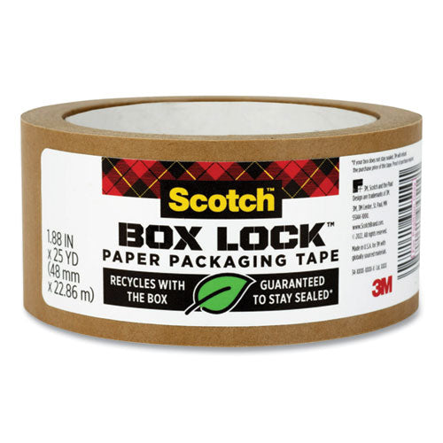 Scotch Box Lock Paper Packaging Tape, 3" Core, 1.88" x 25 yds, Brown