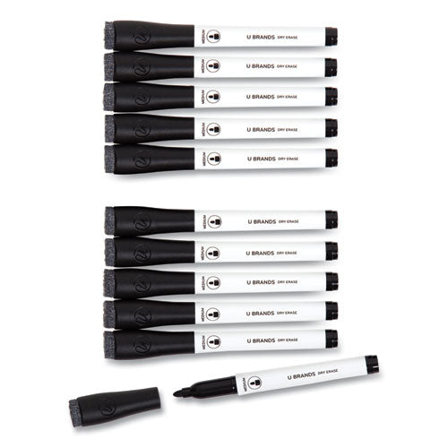 U Brands Medium Point Low-Odor Dry-Erase Markers with Erasers, Medium Bullet Tip, Black, Dozen