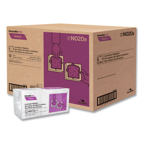 Cascades PRO Select Single Serve Luncheon Napkins, 1-Ply, 12 x 12, White, 500/Pack, 6,000/Carton