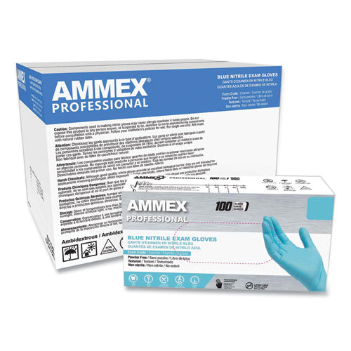 AMMEX Professional Nitrile Exam Gloves, Powder-Free, Large, 3 mil Thick, 9.5" Long, Light Blue, 100/Box, 10 Boxes/Carton
