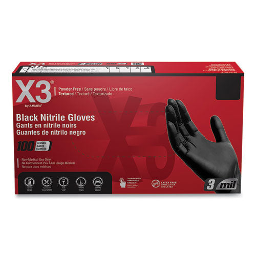 X3 by AMMEX Industrial Nitrile Gloves, Powder-Free, 3 mil Thick, 9.5" Long, Black, 100/Box, 10 Boxes/Carton