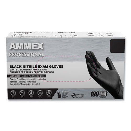AMMEX Professional Nitrile Exam Gloves, Powder-Free, Small, 3 mil Thick, 9.5" Long, Black, 100/Box, 10 Boxes/Carton