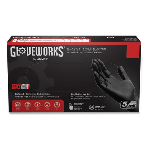 GloveWorks by AMMEX Industrial Nitrile Gloves, Powder-Free, 5 mil Thick, 9.5" Long, Black, 100/Box, 10 Boxes/Carton
