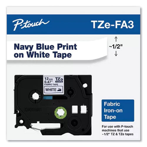 Brother P-Touch TZ Industrial Series Fabric Iron-On Tape, 0.47" x 9.8 ft, Navy on White