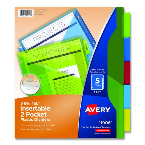 Avery Insertable Big Tab Plastic 2-Pocket Dividers, 5-Tab, 11.13 x 9.25, Assorted, 1 Set