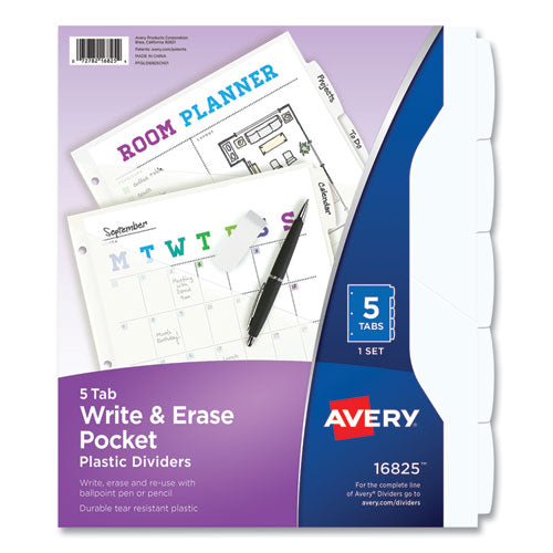 Avery Write and Erase Durable Plastic Dividers with Straight Pocket, 5-Tab, 11.13 x 9.25, White, 1 Set
