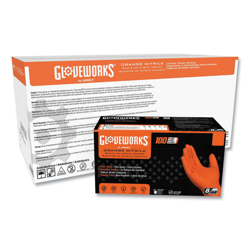 GloveWorks by AMMEX Heavy-Duty Industrial Nitrile Gloves, Powder-Free, 8 mil Thick, 9.5" Long, Orange, 100/Box, 10 Boxes/Carton