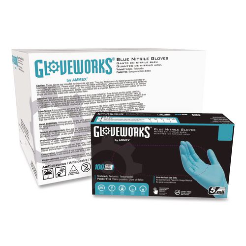 GloveWorks by AMMEX Industrial Nitrile Gloves, Powder-Free, 5 mil Thick, 9.5" Long, Blue, 100/Box, 10 Boxes/Carton