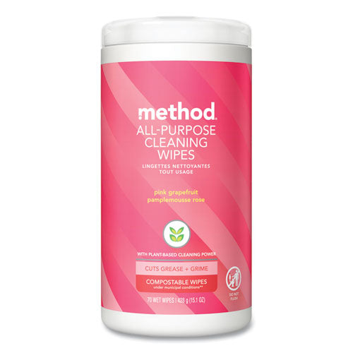 Method All Purpose Cleaning Wipes, 1 Ply, Pink Grapefruit, White, 70/Canister, 6/Carton