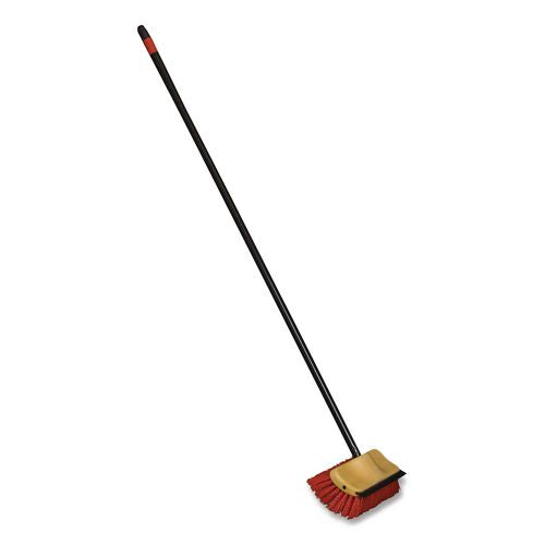 O-Cedar Commercial Bi-Level Floor Scrub Brush, Red Polypropylene Bristles, 10" Brush, 54" Black Metal Handle, 6/Carton