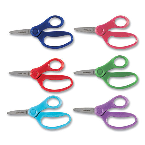Fiskars Kids Scissors, Pointed Tip, 5" Long, 1.75" Cut Length, Straight Handle, Randomly Assorted Handle Color