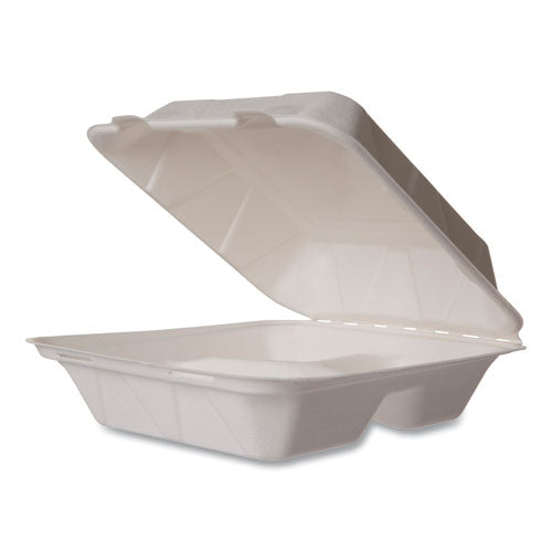 Vegware White Molded Fiber Clamshell Containers, Compostable, 3 Compartments, 7.9 x 7.9 x 2.9, White, Sugarcane, 200/Carton