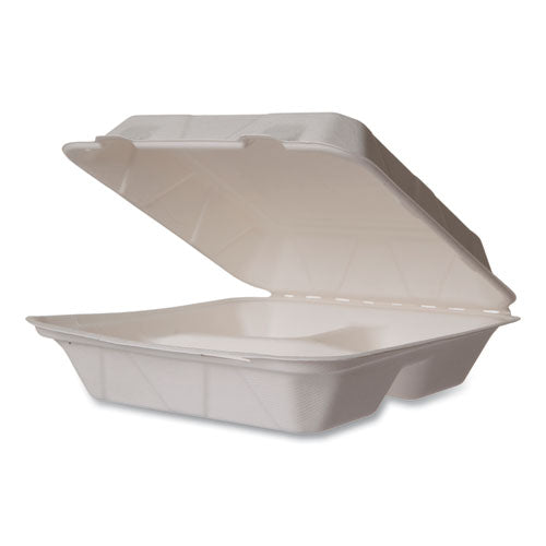 Vegware White Molded Fiber Clamshell Containers, Compostable, 3 Compartments, 9 x 18 x 2, White, Sugarcane, 200/Carton