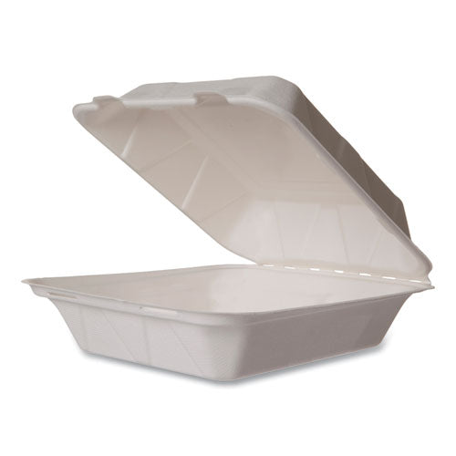 Vegware White Molded Fiber Clamshell Container, Compostable, 7.9 x 7.9 x 2.9, White, Sugarcane, 200/Carton