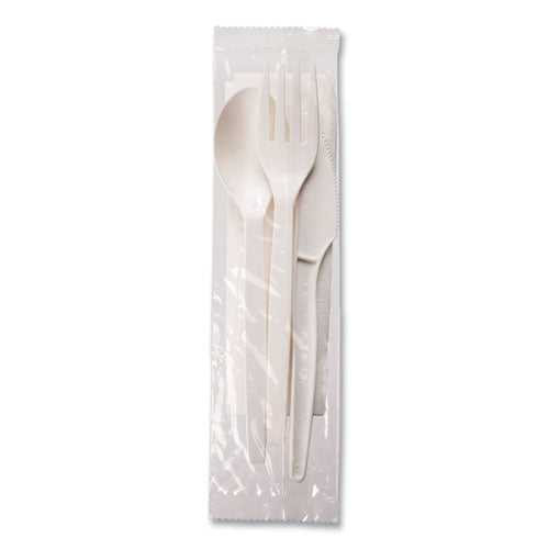WNA EcoSense Renewable PSM Wrapped Cutlery Kit, Fork/Knife/Napkin/Spoon, Plastic, White, 250/Carton