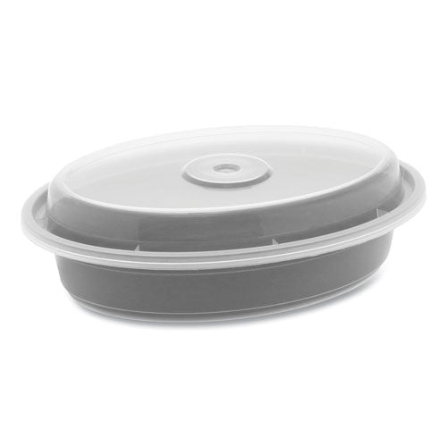 Pactiv Evergreen Newspring VERSAtainer Microwavable Containers, Oval, 12 oz, 6.8 x 4.8 x 1.45, Black/Clear, Plastic, 150/Carton