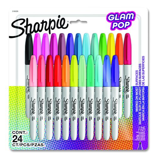 Sharpie Fine Tip Permanent Marker, Fine Bullet Tip, Assorted 80s Glam Colors, 24/Pack