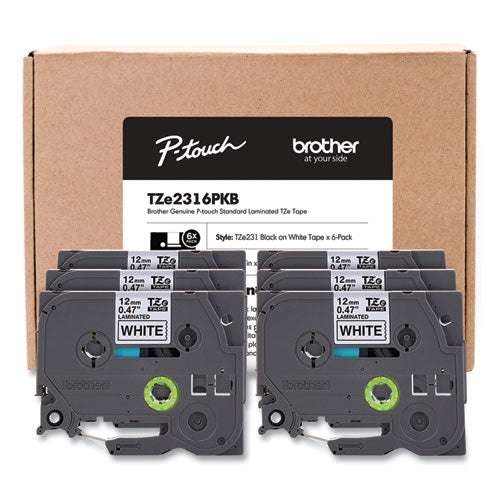 Brother P-Touch TZe Series Standard Adhesive Laminated Labeling Tape, 0.5", Black on White, 6/Pack