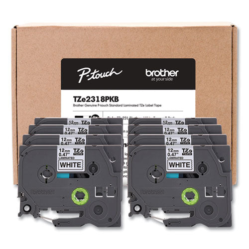 Brother P-Touch TZe Series Standard Adhesive Laminated Labeling Tape, 0.5", Black on White, 8/Pack