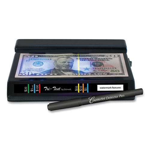 Dri-Mark Tri Test Counterfeit Bill Detector for USD and Most International Currencies, 3 Detection Methods, 7" x 4" x 2.5", Black