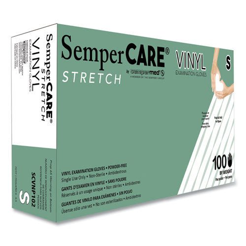 SemperCare Stretch Vinyl Examination Gloves, Powder-Free, Small, 5 mil Thick, 9.45" Long, Cream, 100/Box, 10 Boxes/Carton