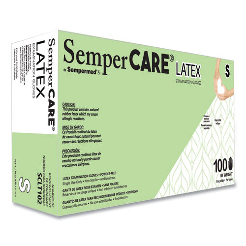 SemperCare Latex Examination Gloves, Powder-Free, Small, 5 mil Thick, 9.45" Long, Cream, 100/Box, 10 Boxes/Carton