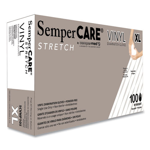 SemperCare Stretch Vinyl Examination Gloves, Powder-Free, X-Large, 5 mil Thick, 9.45" Long, Cream, 100/Box, 10 Boxes/Carton