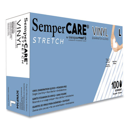 SemperCare Stretch Vinyl Examination Gloves, Powder-Free, Large, 5 mil Thick, 9.45" Long, Cream, 100/Box