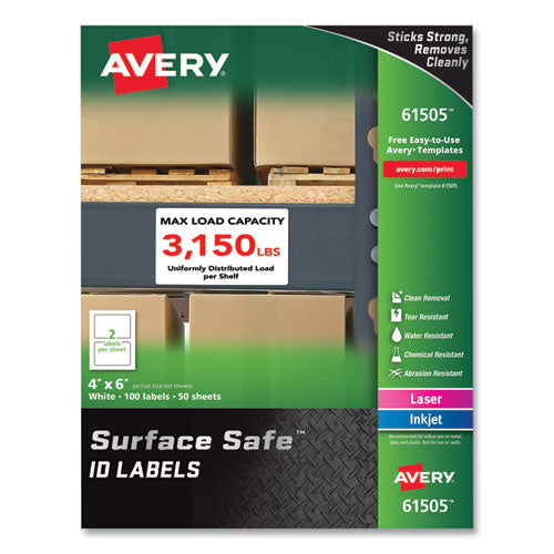 Avery Surface Safe ID Labels, 4 x 6, White, 2/Sheet, 50 Sheets/Box