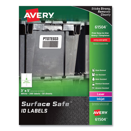 Avery Surface Safe ID Labels, 3 x 5, White, 4/Sheet, 50 Sheets/Box
