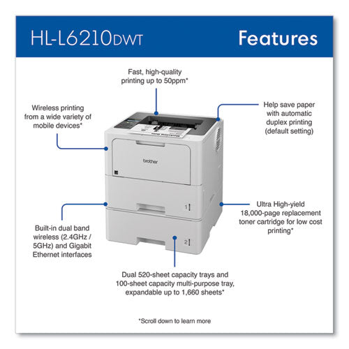Brother HL-L6210DWT Wireless Business Monochrome Laser Printer with Dual Paper Trays