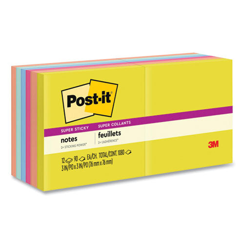 Post-it Notes Super Sticky Note Pads in Summer Joy Collection Colors, 3" x 3", Summer Joy Collection Colors, 90 Sheets/Pad, 12 Pads/Pack