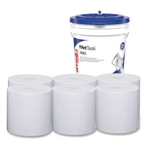 WypAll Critical Clean Wipers for Bleach, Disinfectants, Sanitizers WetTask Customizable Wet Wiping System, w/Bucket,140/Roll, 6/CT
