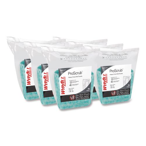 WypAll Power Clean ProScrub Pre-Saturated Wipes, 12 x 9.5, Citrus Scent, Green, 75/Pack, 6 Packs/Carton