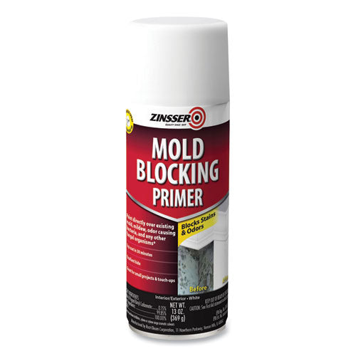 Zinsser Mold Blocking Primer Spray, Interior/Exterior, Flat White, 13 oz Aerosol Can, 6/Carton