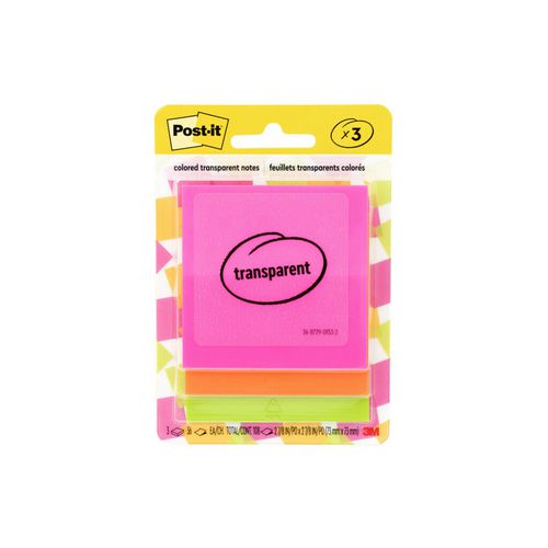 Post-it Transparent Notes, 2.88" x 2.88", Assorted Colors, 36 Sheets/Pad, 3 Pads/Pack