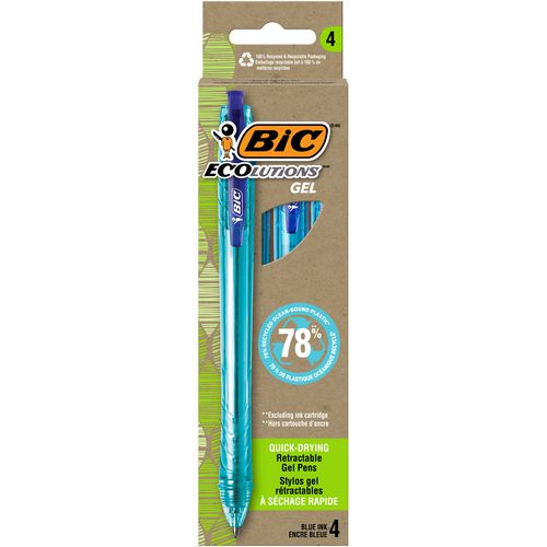 BIC Ecolutions Gel Pen, Retractable, Medium 1 mm, Blue Ink, Blue Barrel, 4/Pack