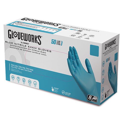 GloveWorks by AMMEX Blue Nitrile Exam Gloves, Powder-Free, Large, 8 mil Thick, 11.6" Long, Blue, 50/Box, 10 Boxes/Carton