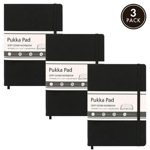 PUKKA PAD Soft Cover Notebook, College Rule, Black Cover, (96) 8.2 x 5.11 Sheets, 3/Pack