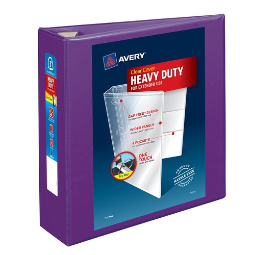 Avery Heavy-Duty View Binder with DuraHinge and One Touch EZD Rings, 3 Rings, 3" Capacity, 11 x 8.5, Purple, 4/Carton