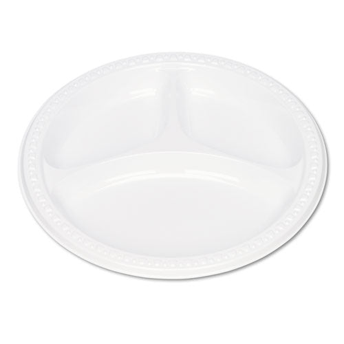 Tablemate Plastic Dinnerware, 3-Compartment Plates, 9" dia, White, 125/Pack