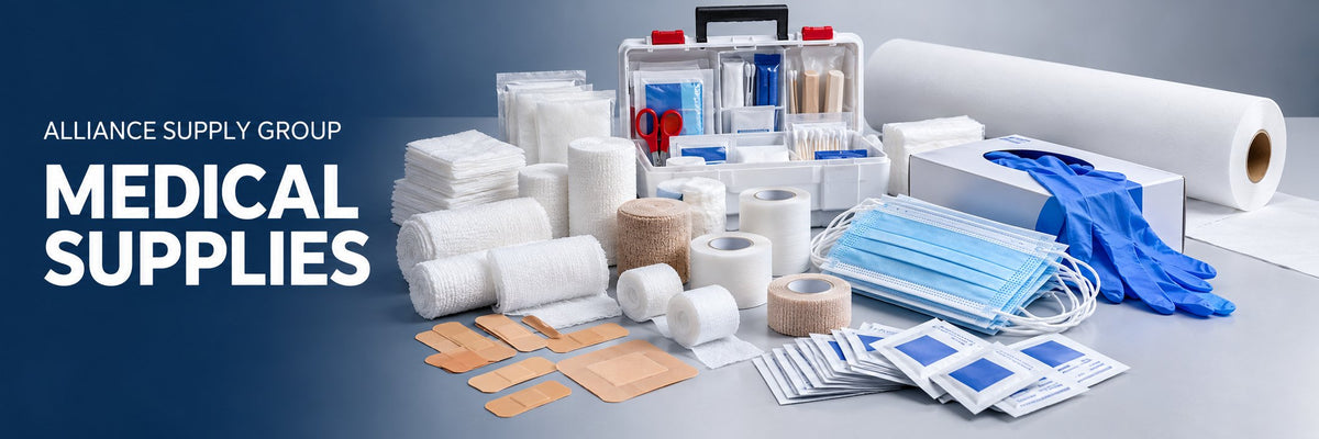 Medical supplies — first aid kits, gauze, bandages, tape and face masks