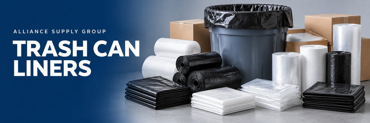 Trash can liners — black and clear can liners in rolls and flat packs