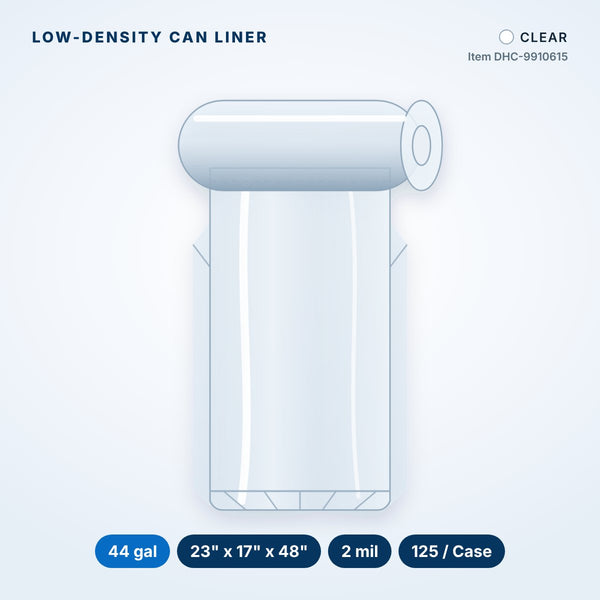 Low-Density Can Liners, 44 gal, 2 mil, 23" x 17" x 48", Clear, 125/Case