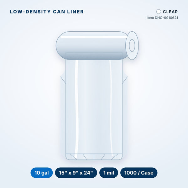 Low-Density Can Liners, 10 gal, 1 mil, 15" x 9" x 24", Clear, 1000/Case