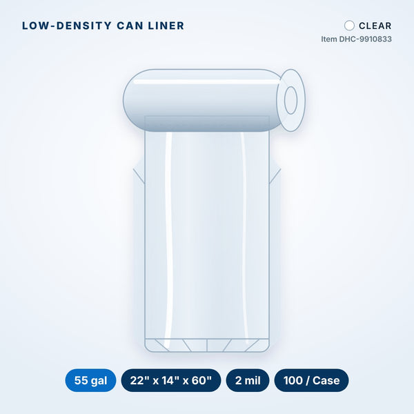 Low-Density Can Liners, 55 gal, 2 mil, 22" x 14" x 60", Clear, 100/Case