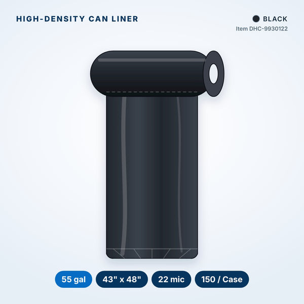 High-Density Can Liners, 55 gal, 22 mic, 43" x 48", Black, 150/Case