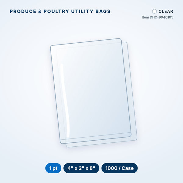 Produce & Poultry Utility Bags, 1 pt, 4" x 2" x 8", Clear, 1000/Case